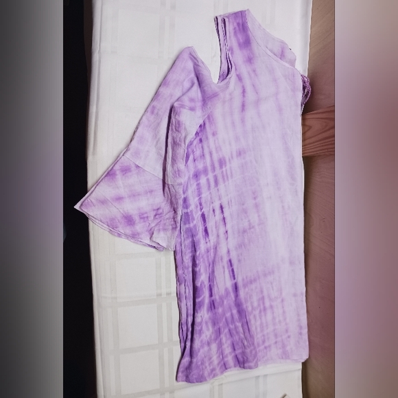 Avon Open Shoulder Blouse/Size L 12-14/Lightweight Purple Tie Dye Ruffle Sleeve - Picture 5 of 14